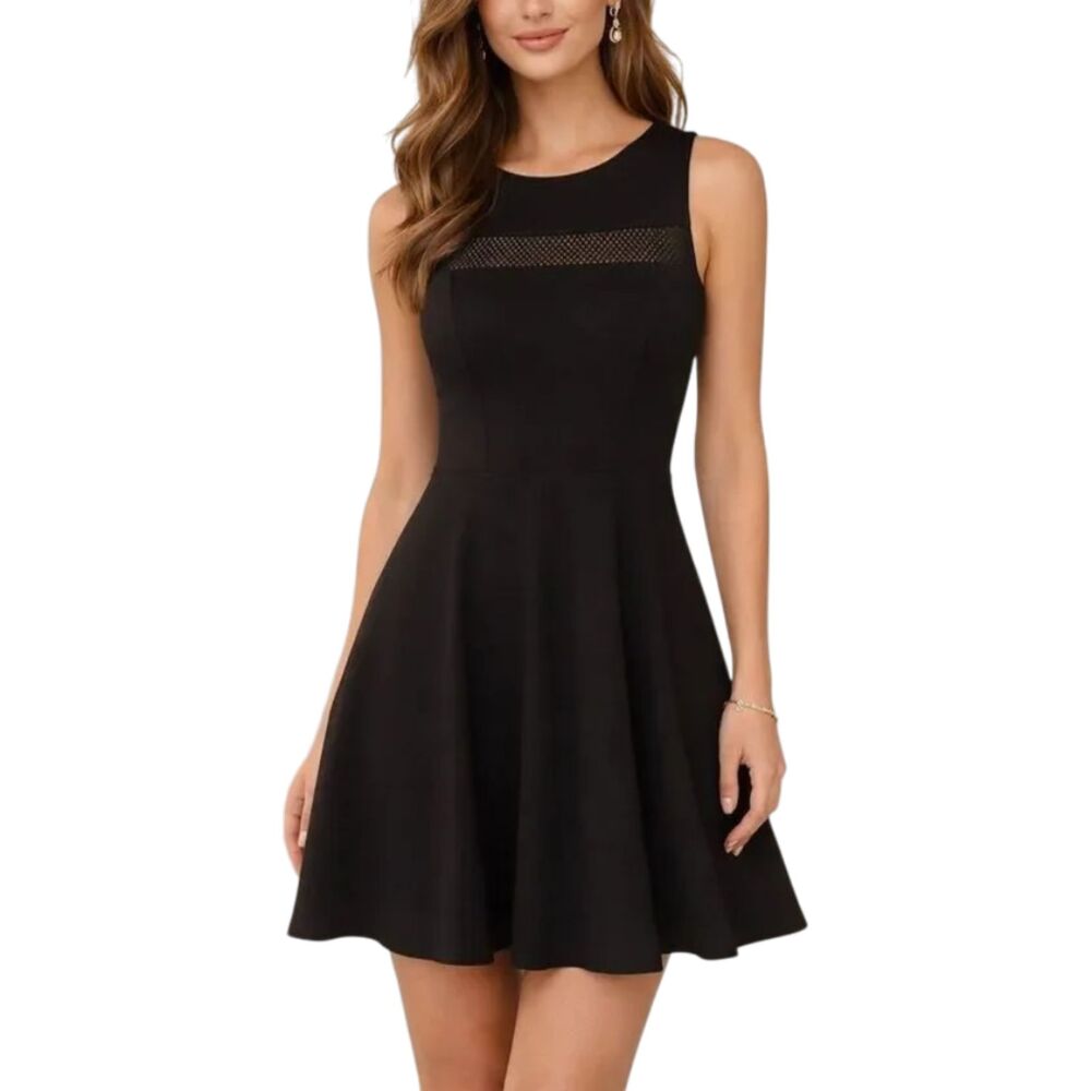 Amanda Uprichard Black Mesh Panel Fit Flare Mini Dress Size Small LBD Cocktail